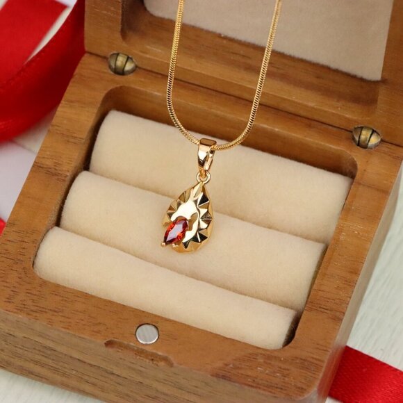 "Gold Teardrop Pendant with Marquise Red Stone and Textured Design, XPPT1722 - Picture 8 of 13